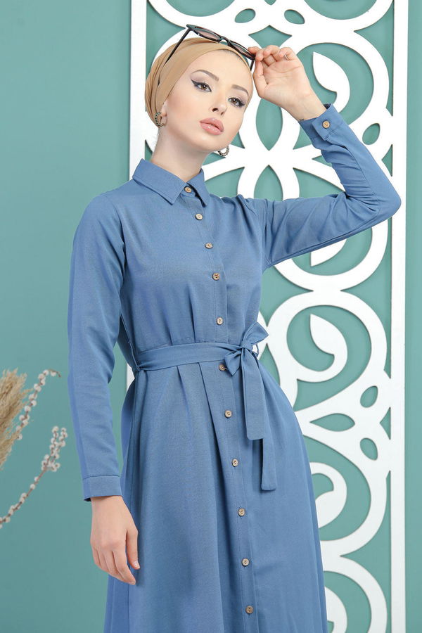 Kuşaklı Elbise İndigo - 02 7698 Mavi - 7698 MAVİ