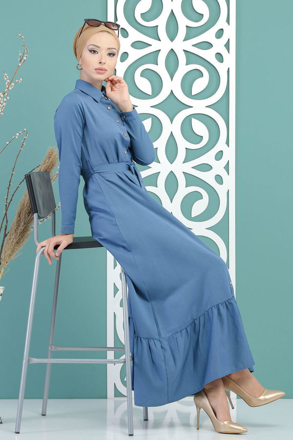 Kuşaklı Elbise İndigo - 02 7698 Mavi - 7698 MAVİ