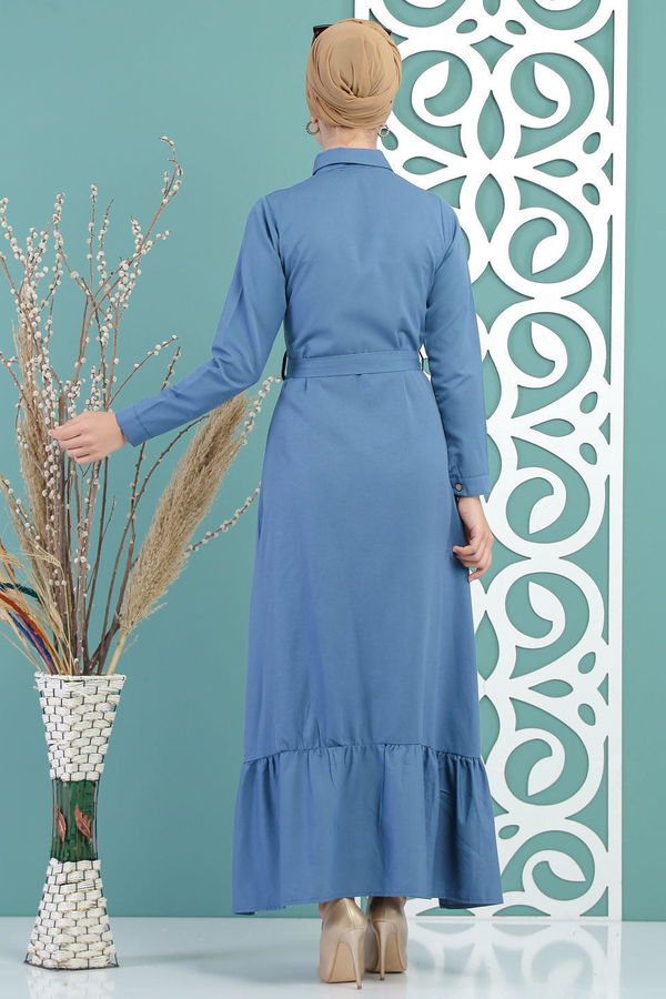 Kuşaklı Elbise İndigo - 02 7698 Mavi - 7698 MAVİ