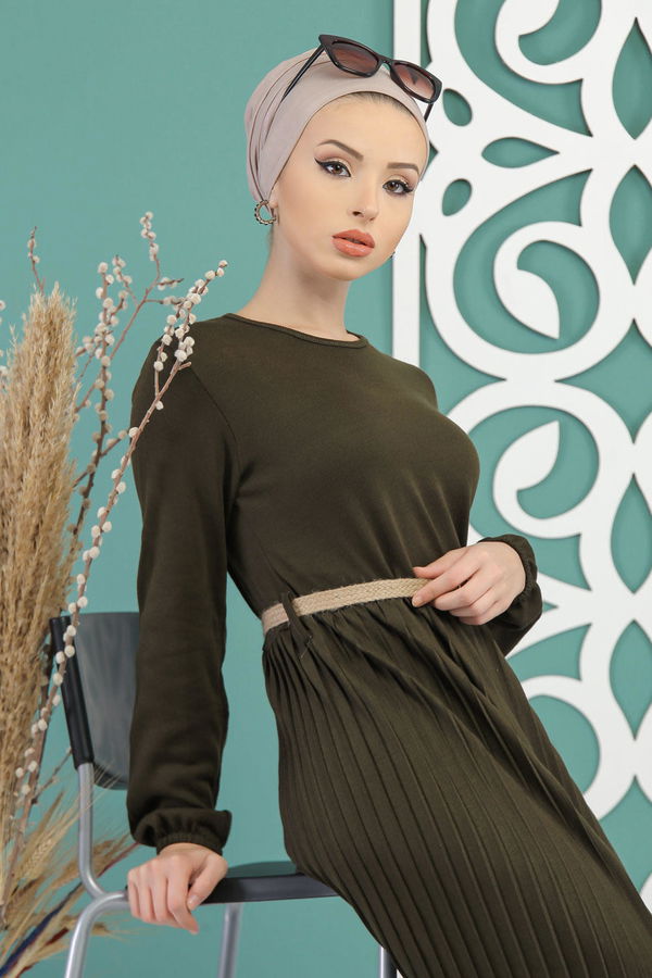 Triko Elbise Kemer Siyah  Haki - 7732 HAKİ