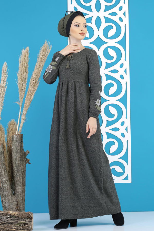 Nakışlı Elbise Haki  Haki - 7803 HAKİ