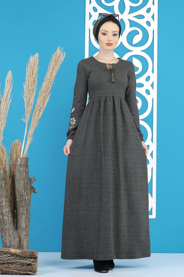 Nakışlı Elbise Haki  Haki - 7803 HAKİ