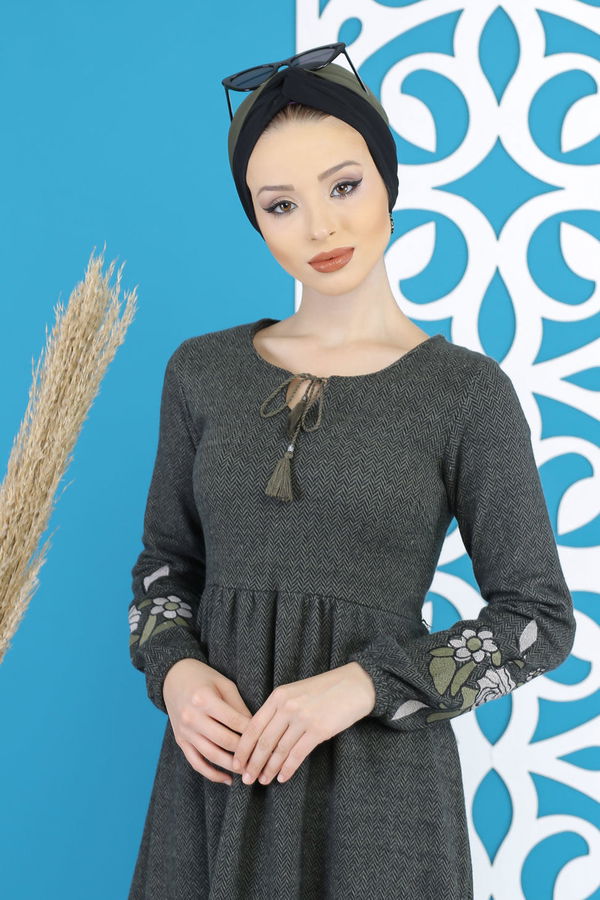 Nakışlı Elbise Haki  Haki - 7803 HAKİ