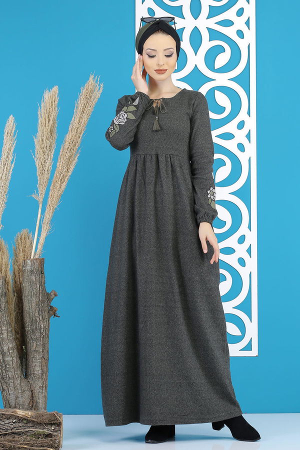 Nakışlı Elbise Haki  Haki - 7803 HAKİ