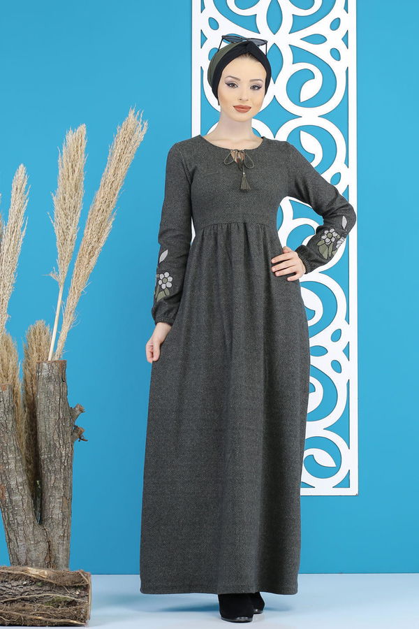 Nakışlı Elbise Haki  Haki - 7803 HAKİ