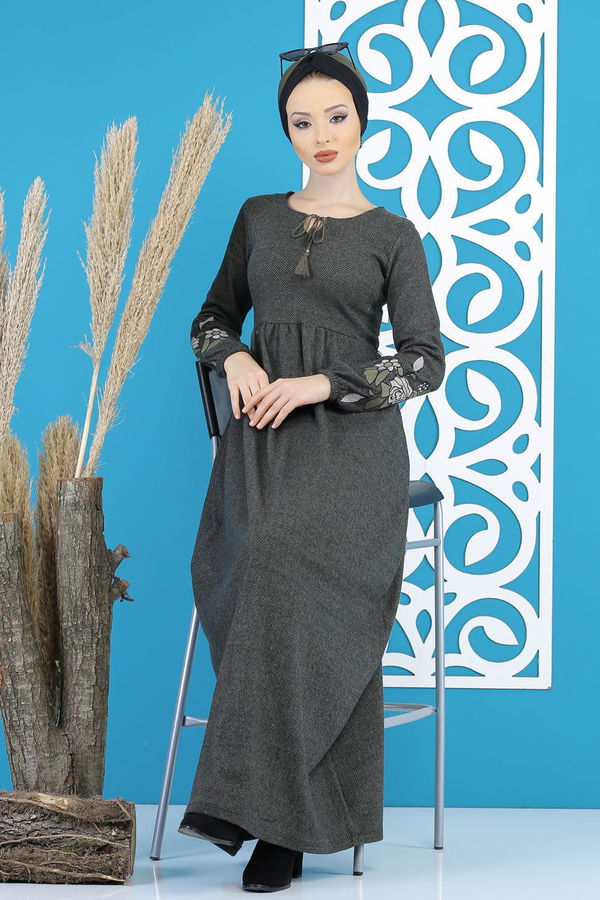 Nakışlı Elbise Haki  Haki - 7803 HAKİ