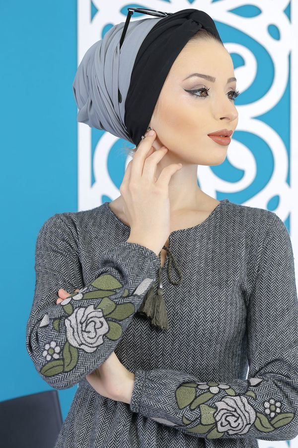 Nakışlı Elbise Haki  Antrasit - 7803 ANTRASİT