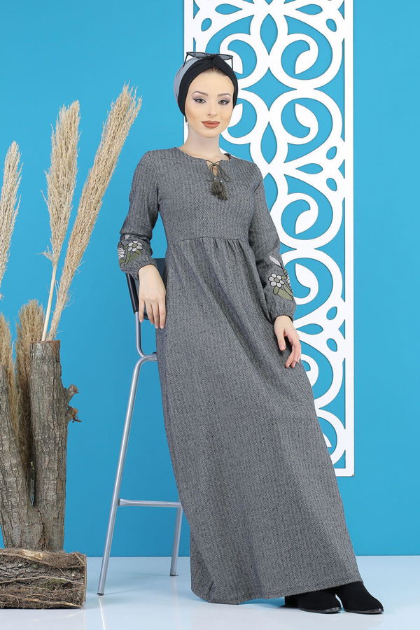 Nakışlı Elbise Haki  Antrasit - 7803 ANTRASİT