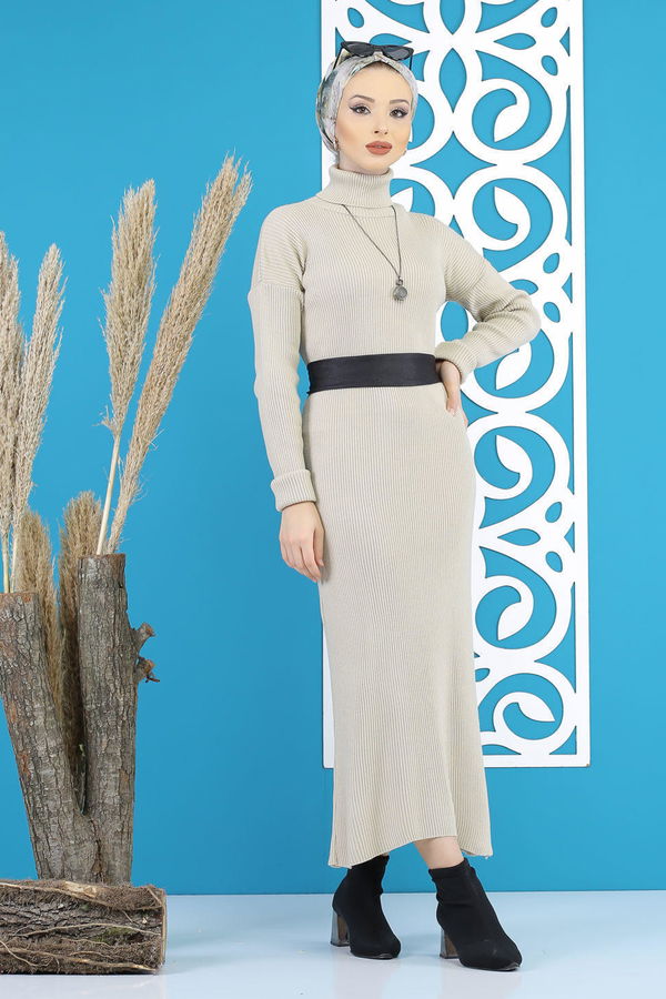 Bogazlı Triko Elbise Siyah  Bej - 7801