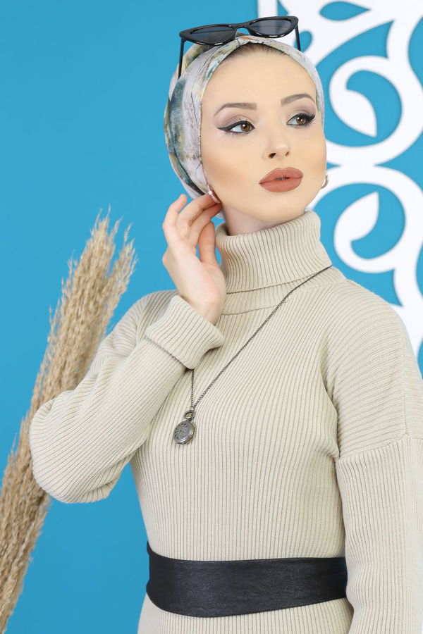 Bogazlı Triko Elbise Siyah  Bej - 7801
