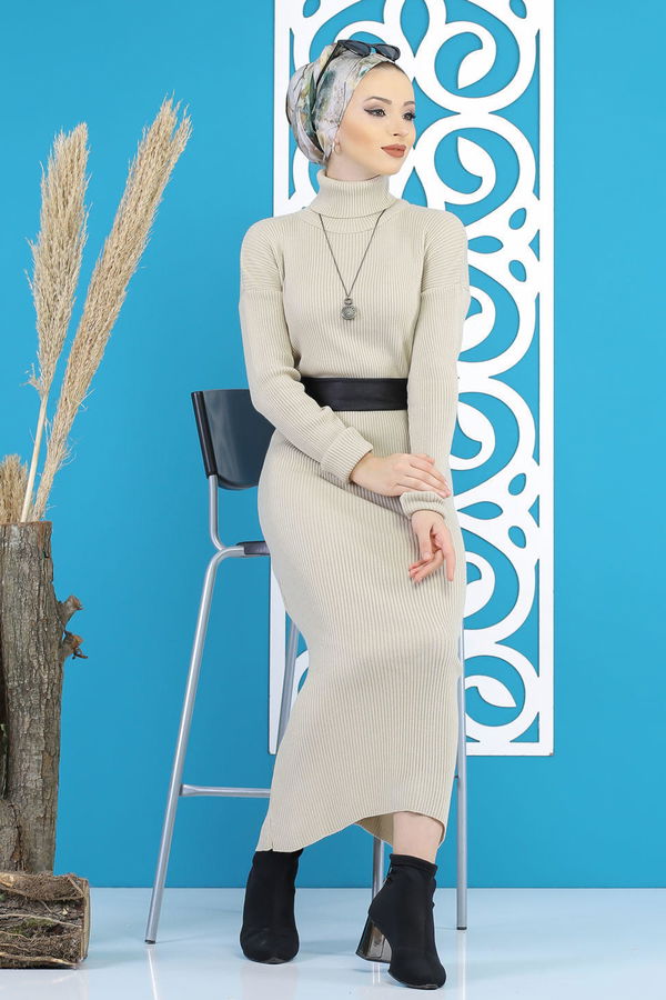 Bogazlı Triko Elbise Siyah  Bej - 7801