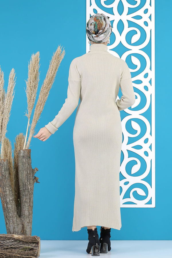 Bogazlı Triko Elbise Siyah  Bej - 7801