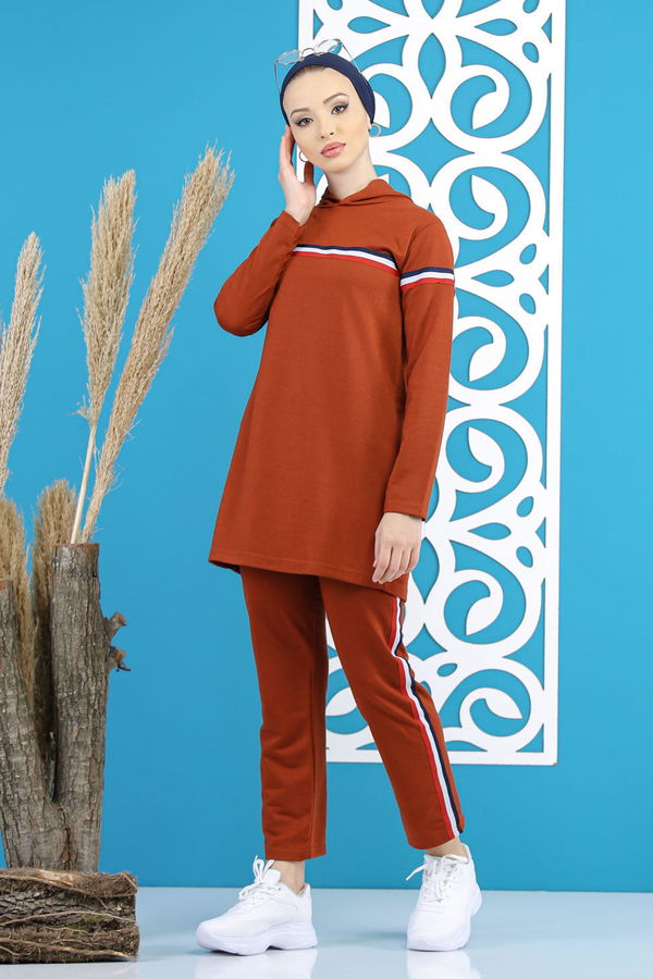 Şeritli Tunik Pantolon Siyah  Kiremit - 7791 KİREMİT
