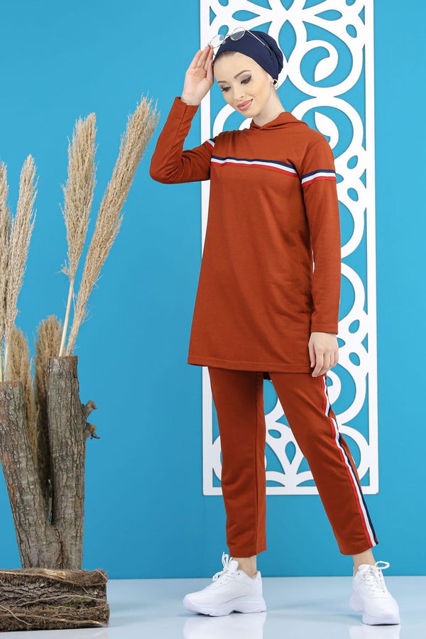 Şeritli Tunik Pantolon Siyah  Kiremit - 7791 KİREMİT
