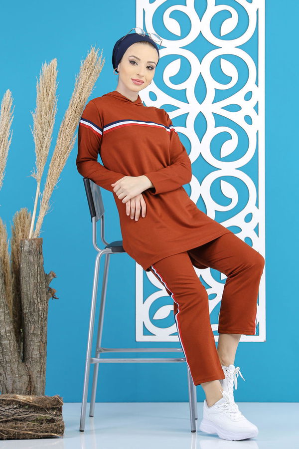 Şeritli Tunik Pantolon Siyah  Kiremit - 7791 KİREMİT