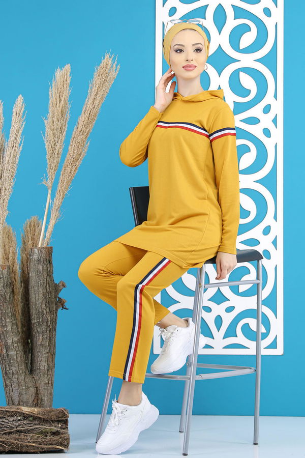 Şeritli Tunik Pantolon Siyah  Sarı - 7791 Sarı
