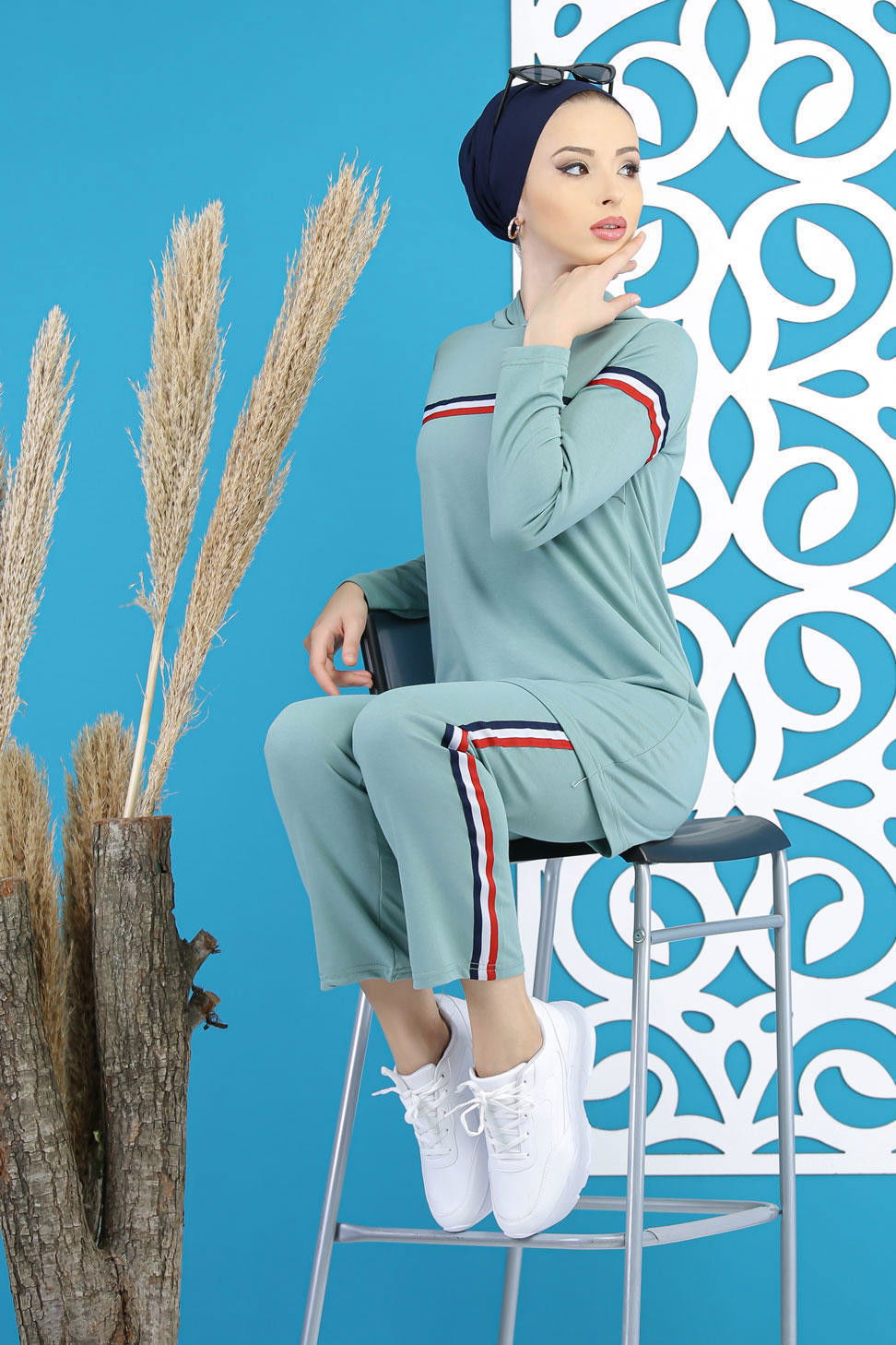 Şeritli Tunik Pantolon Siyah  Yeşil - 7791 YEŞİL