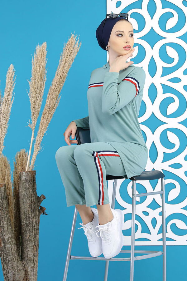 Şeritli Tunik Pantolon Siyah  Yeşil - 7791 YEŞİL