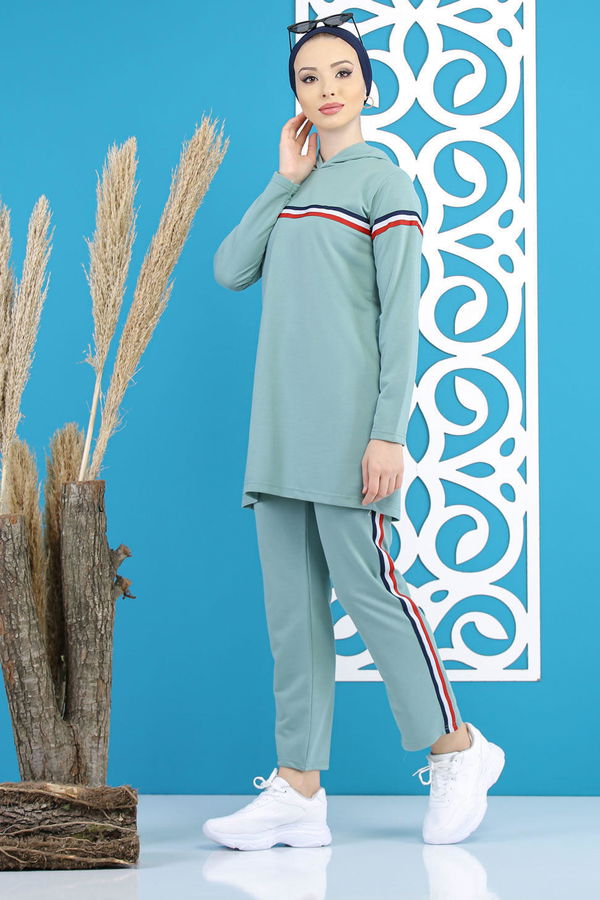 Şeritli Tunik Pantolon Siyah  Yeşil - 7791 YEŞİL