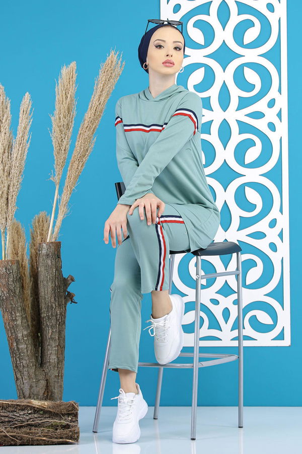 Şeritli Tunik Pantolon Siyah  Yeşil - 7791 YEŞİL