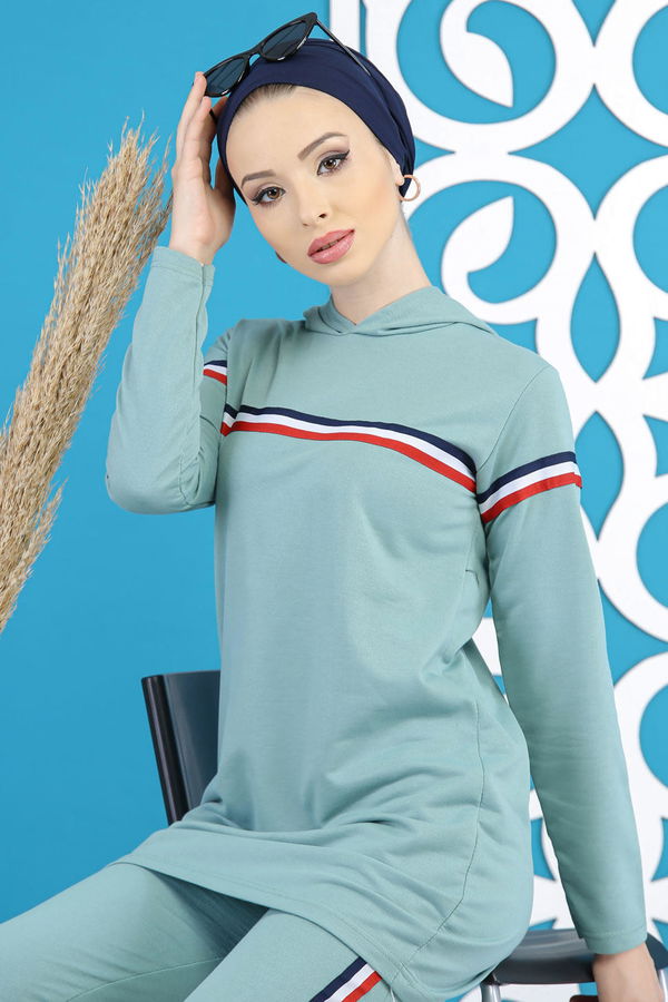 Şeritli Tunik Pantolon Siyah  Yeşil - 7791 YEŞİL