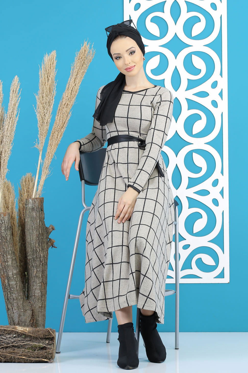 Kareli Elbise Kuşaklı Siyah  Bej - 7823 BEJ