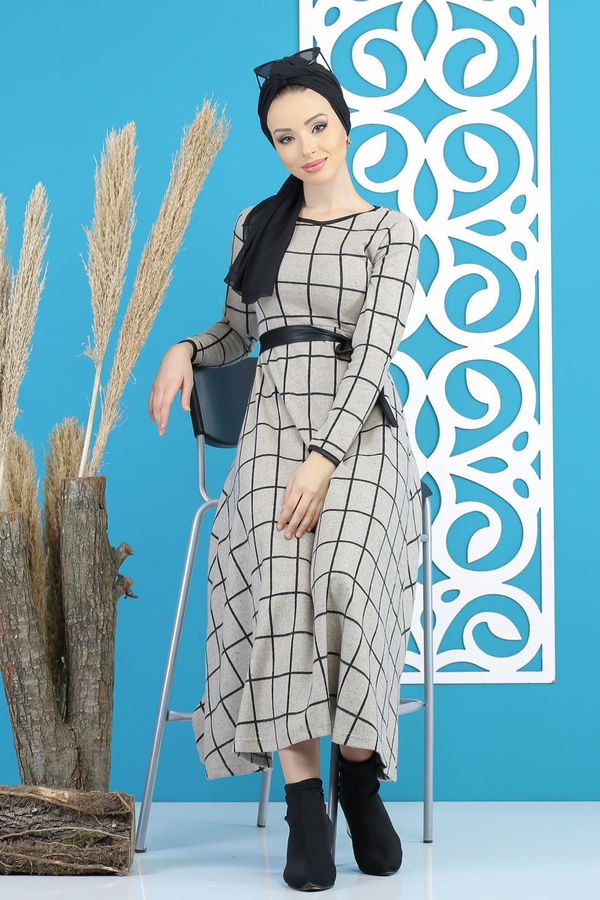 Kareli Elbise Kuşaklı Siyah  Bej - 7823 BEJ