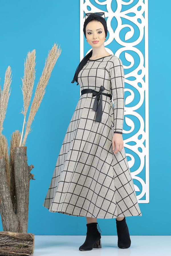 Kareli Elbise Kuşaklı Siyah  Bej - 7823 BEJ