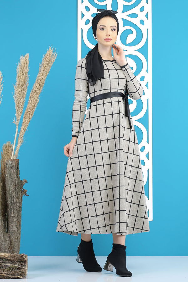 Kareli Elbise Kuşaklı Siyah  Bej - 7823 BEJ