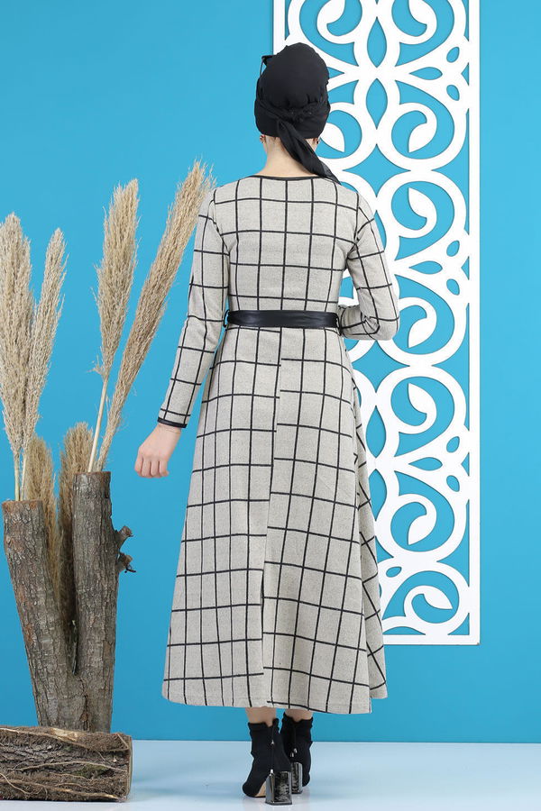 Kareli Elbise Kuşaklı Siyah  Bej - 7823 BEJ