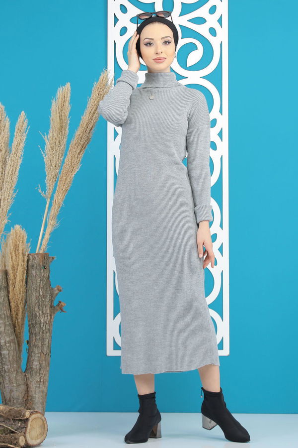 Bogazlı Triko Elbise Siyah  Gri - 7801 GRİ