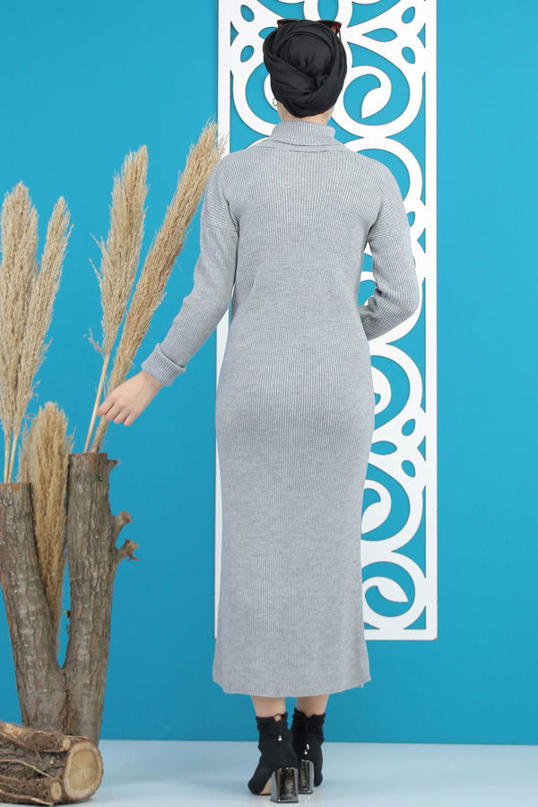 Bogazlı Triko Elbise Siyah  Gri - 7801 GRİ
