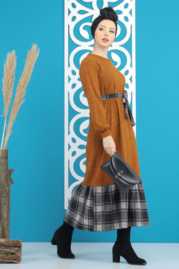 Kuşaklı Elbise Siyah  Taba - 7842 TABA