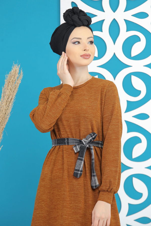 Kuşaklı Elbise Siyah  Taba - 7842 TABA