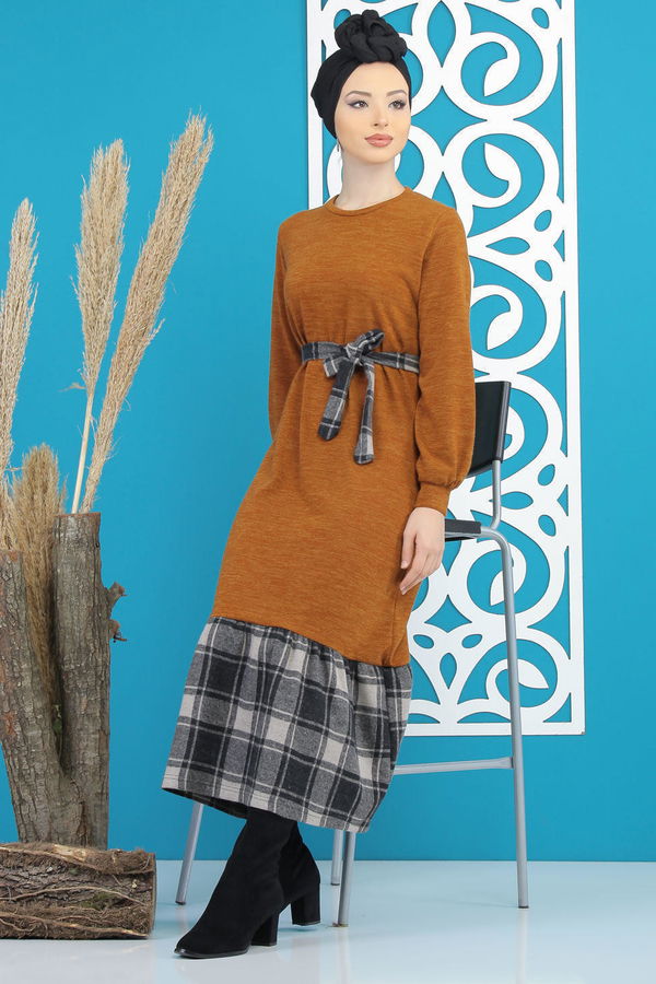 Kuşaklı Elbise Siyah  Taba - 7842 TABA