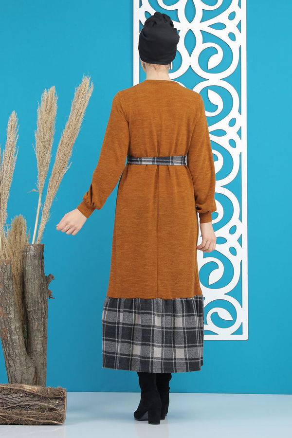 Kuşaklı Elbise Siyah  Taba - 7842 TABA
