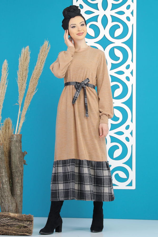 Kuşaklı Elbise Siyah  Vizon - 7842