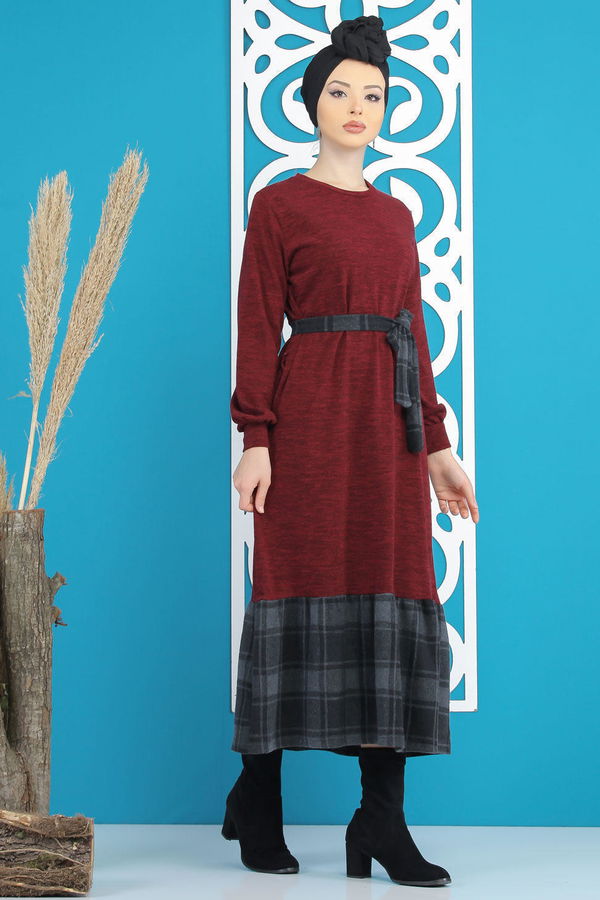Kuşaklı Elbise Siyah  Bordo - 7842 BORDO