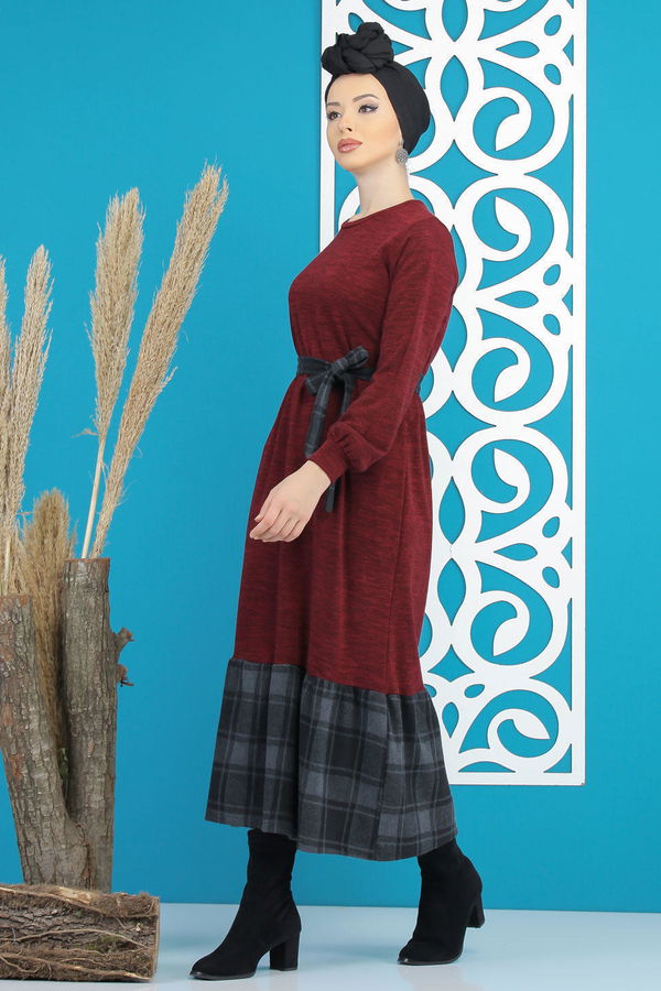 Kuşaklı Elbise Siyah  Bordo - 7842 BORDO