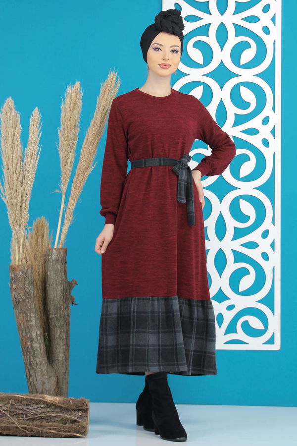 Kuşaklı Elbise Siyah  Bordo - 7842 BORDO