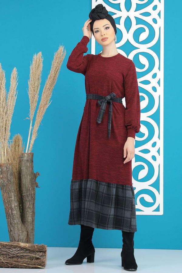Kuşaklı Elbise Siyah  Bordo - 7842 BORDO