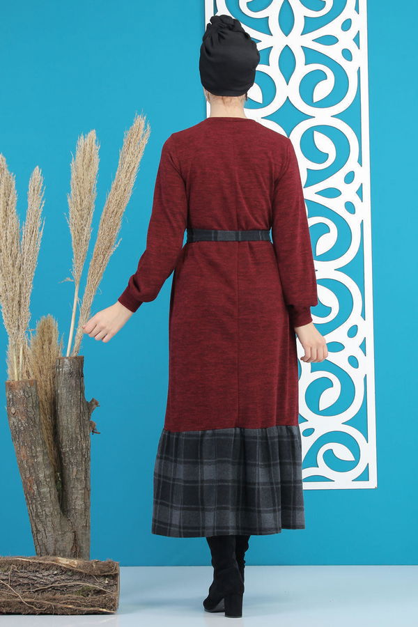 Kuşaklı Elbise Siyah  Bordo - 7842 BORDO