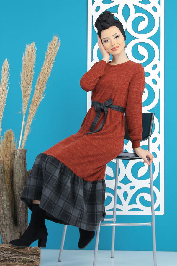 Kuşaklı Elbise Siyah  Kiremit - 7842 KİREMİT