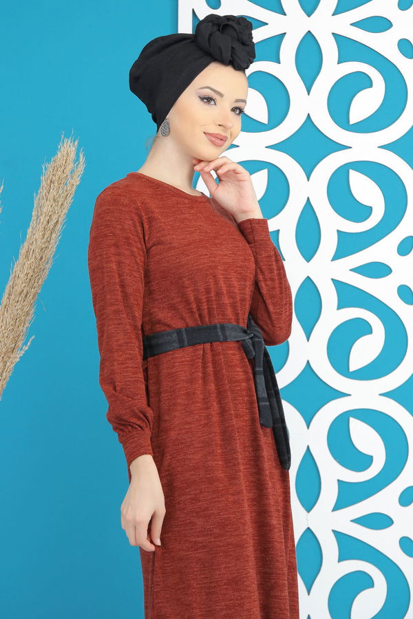 Kuşaklı Elbise Siyah  Kiremit - 7842 KİREMİT