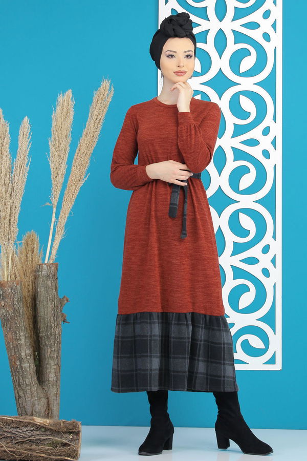 Kuşaklı Elbise Siyah  Kiremit - 7842 KİREMİT