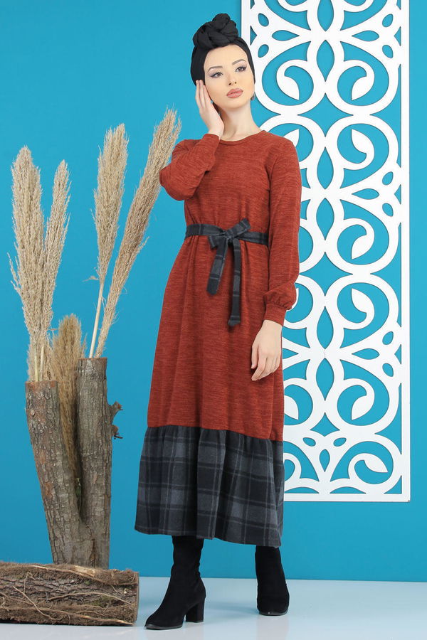 Kuşaklı Elbise Siyah  Kiremit - 7842 KİREMİT