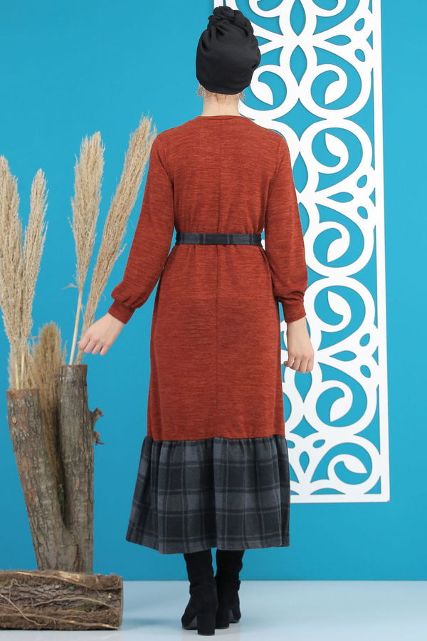 Kuşaklı Elbise Siyah  Kiremit - 7842 KİREMİT