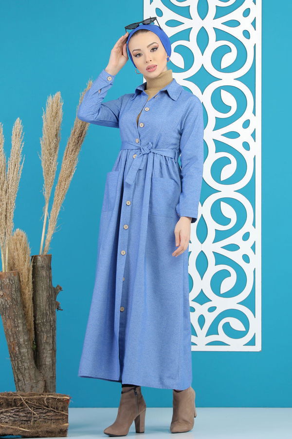 Kuşaklı Elbise Mavi - 7872 Mavi - 7872 MAVİ