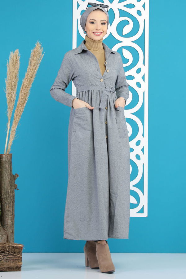Kuşaklı Elbise Gri - 7872 Gri - 7872 GRİ