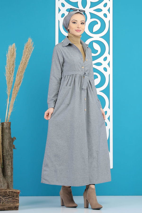 Kuşaklı Elbise Gri - 7872 Gri - 7872 GRİ